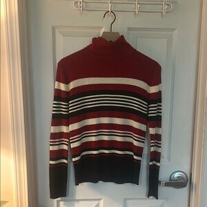Red and Black Turtleneck Sweater with Ribbed Collar